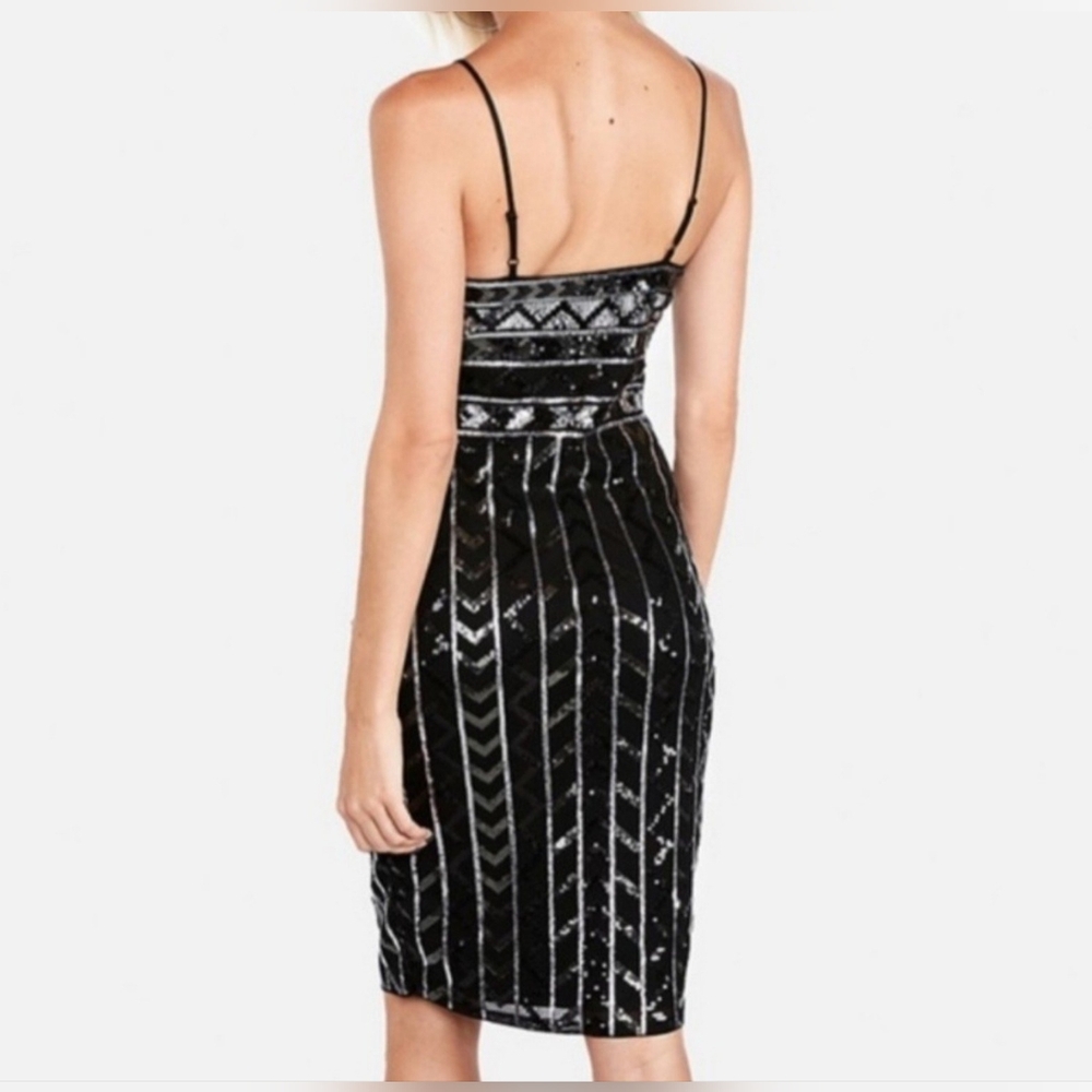 Express Black Velvet Silver Sequin Midi Dress M Art Deco Holiday Party - Picture 7 of 7